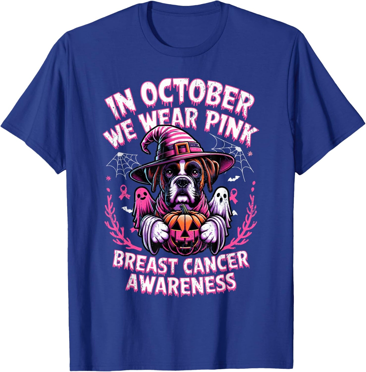 In October We Wear Pink Ghost Boxer Dog Breast Cancer Women Girls Kids T-Shirt - T-Shirt | Royal
