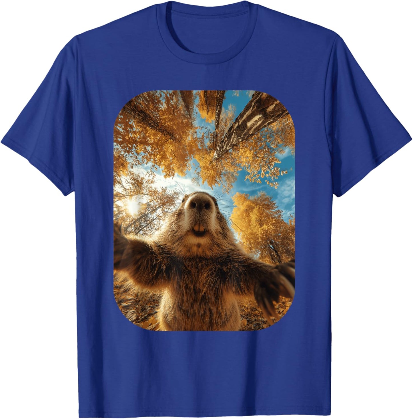 Cute Beaver Selfie Fall Leaves Forest Autumn Animal Graphic T-Shirt - T-Shirt | Royal