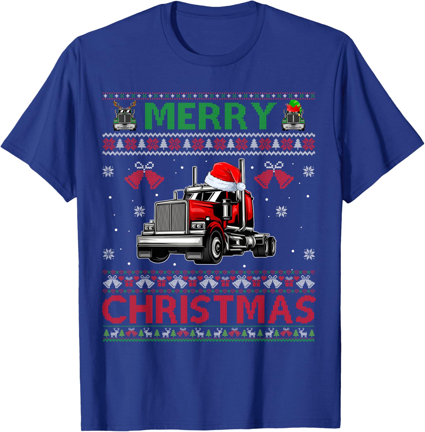 Merry Christmas Elf Reindeer Santa Trucker Ugly Xmas Sweater T-Shirt - T-Shirt | Royal