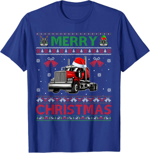 Merry Christmas Elf Reindeer Santa Trucker Ugly Xmas Sweater T-Shirt - T-Shirt | Royal