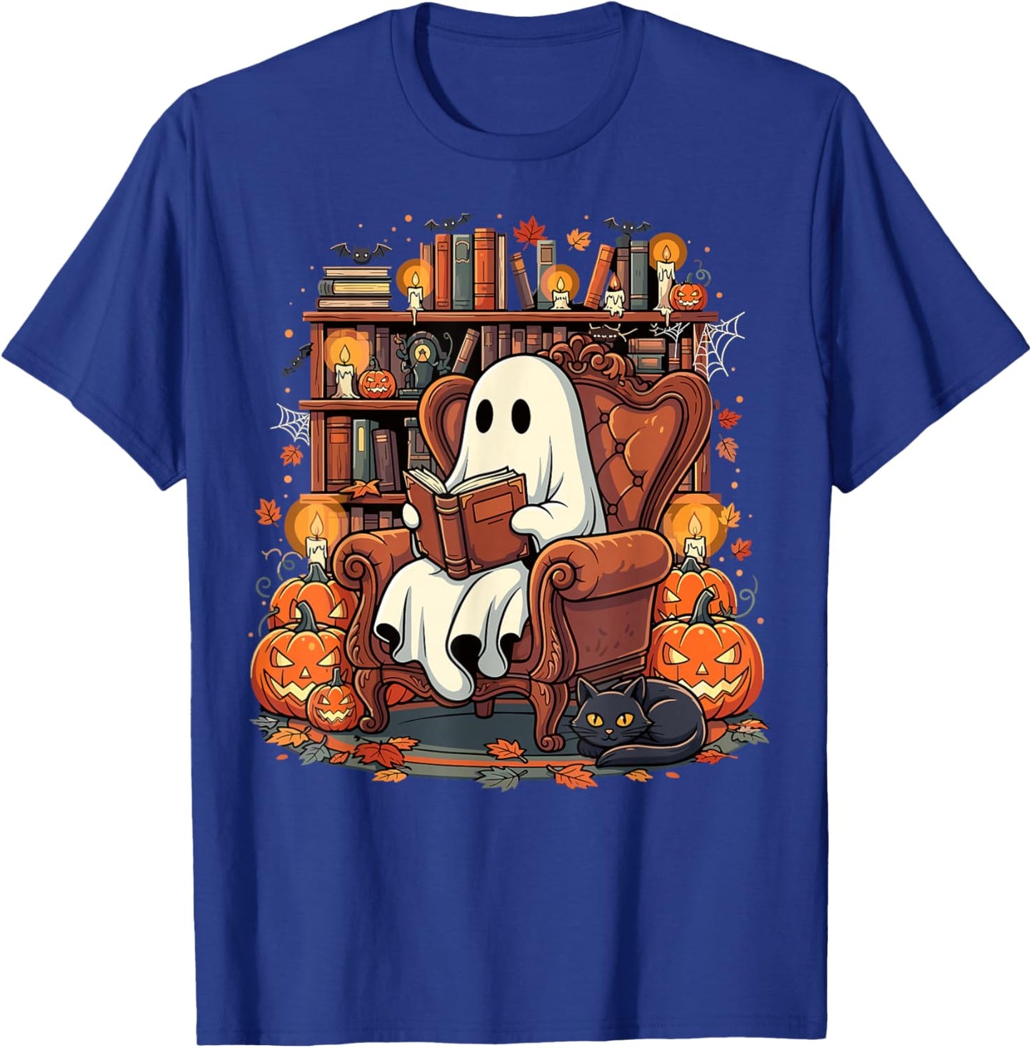 Halloween Ghost Reading Books Pumpkin Black Cat Library T-Shirt - T-Shirt | Royal