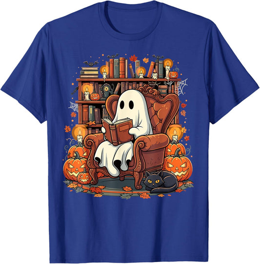 Halloween Ghost Reading Books Pumpkin Black Cat Library T-Shirt - T-Shirt | Royal