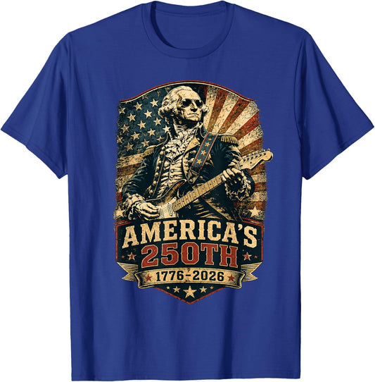 250th Anniversary America George Washington Playing Guitar T-Shirt - T-Shirt | Royal