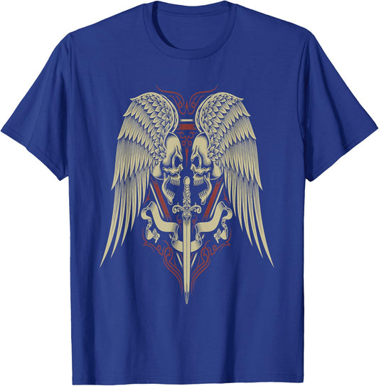 Skull Motorcycle Biker Medieval Sword Angel Wings Goth T-Shirt - T-Shirt | Royal