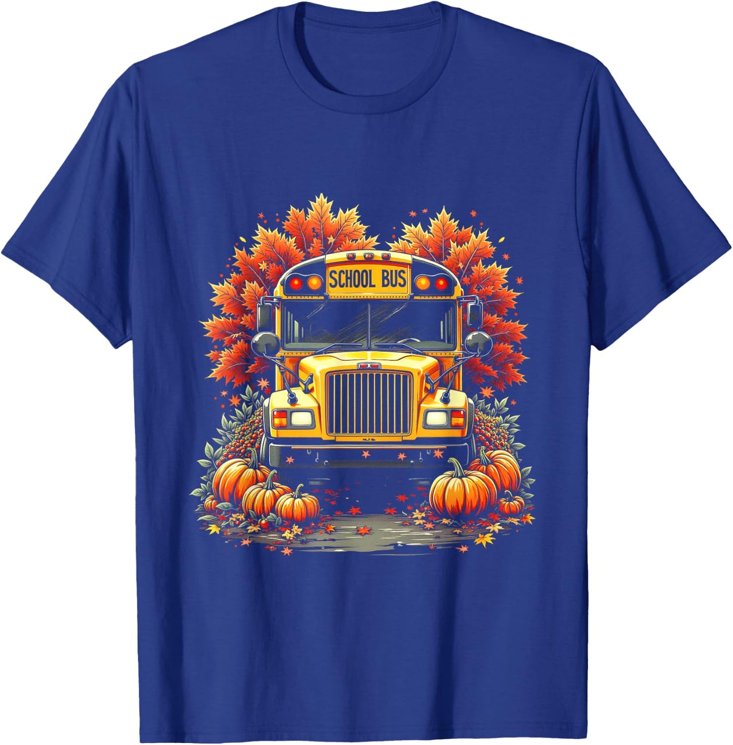 School Bus Driver Pumpkins Autumn Leaves Fall Thanksgiving T-Shirt - T-Shirt | Royal