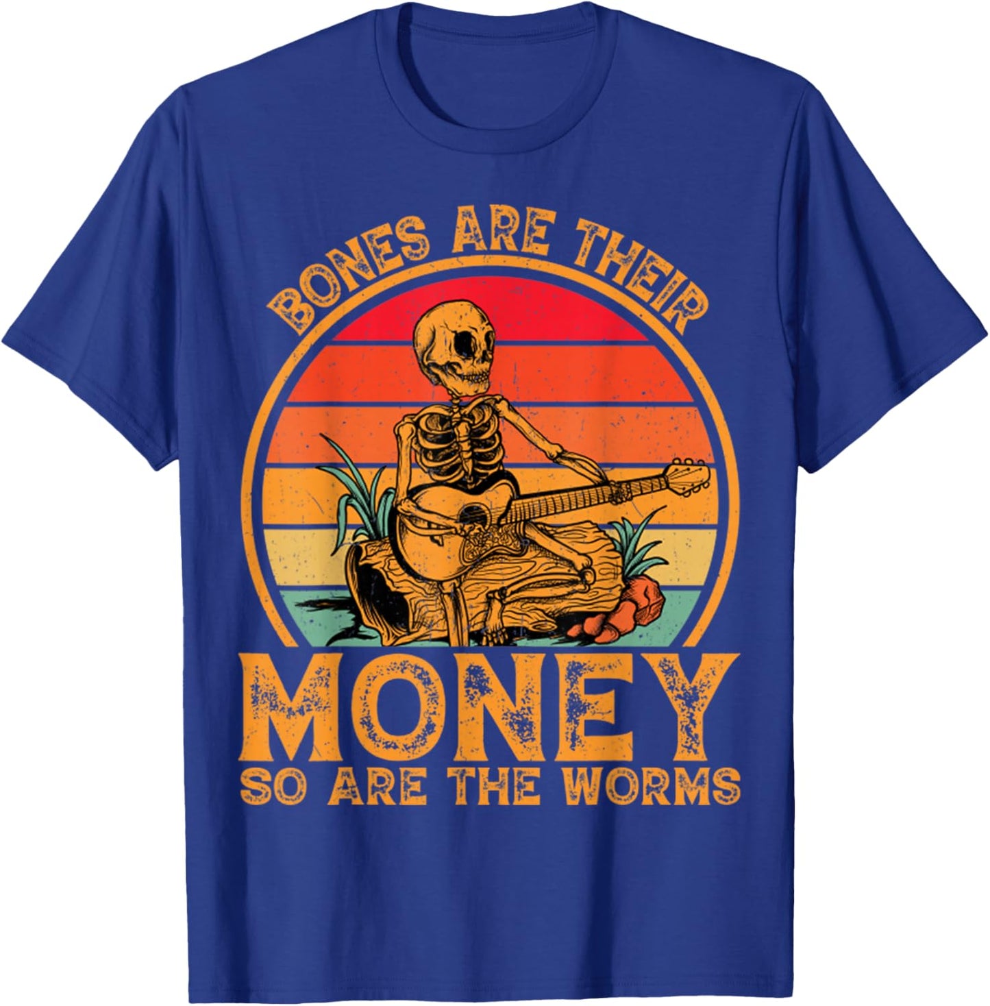 Bones Are Their Money So Are The Worms Retro Skeleton Guitar T-Shirt - T-Shirt | Royal