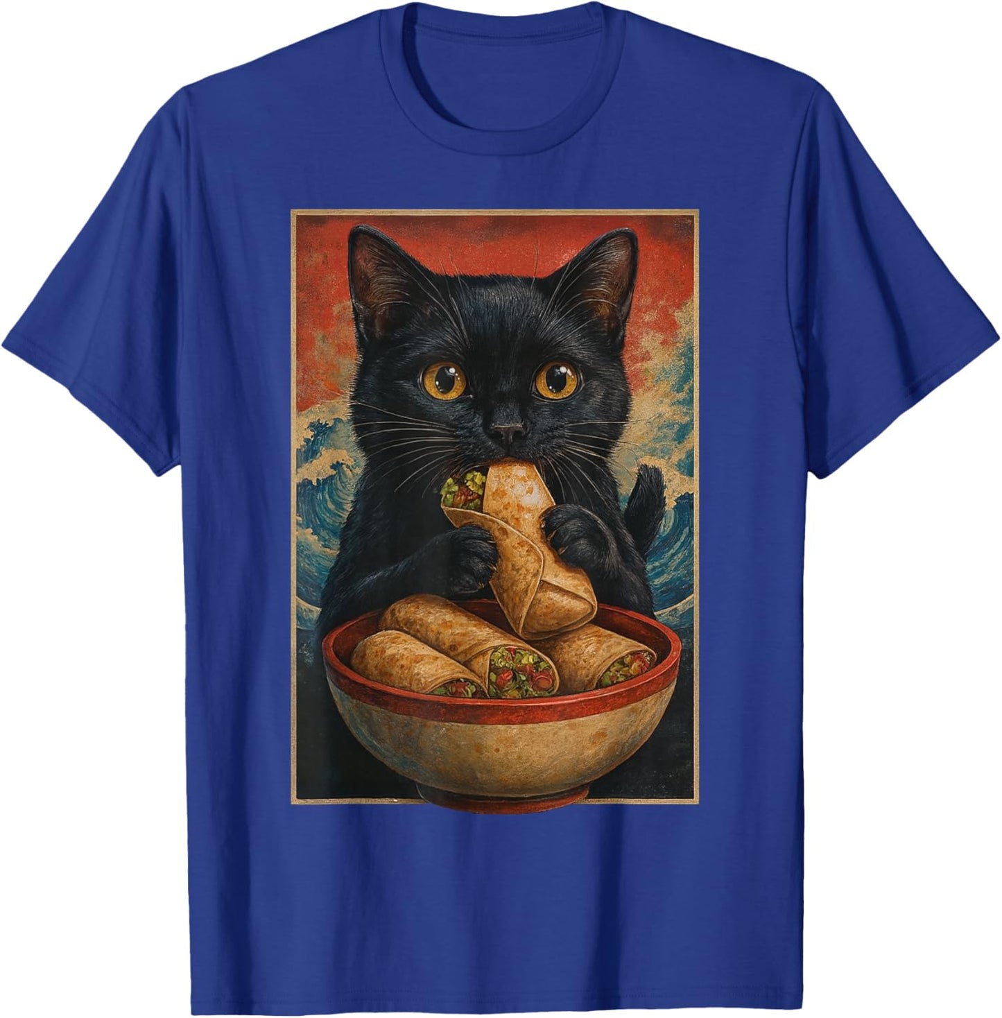 Black Cat Eating Burrito Retro Japanese T-Shirt - T-Shirt | Royal