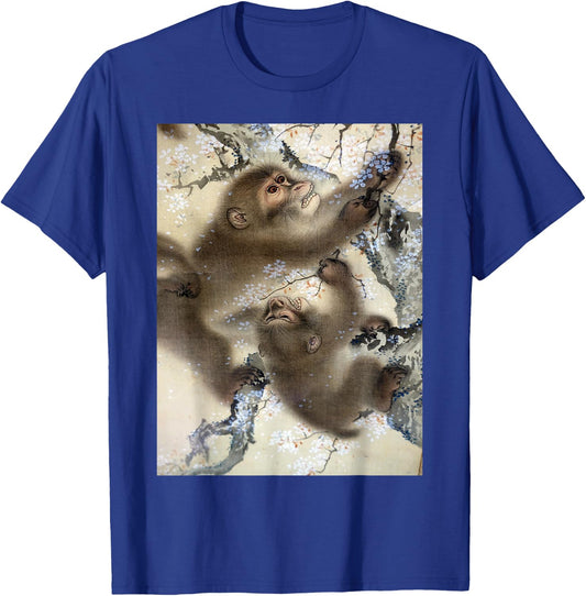 Monkeys In Cherry Blossom Tree Japanese Art Woodblock T-Shirt - T-Shirt | Royal