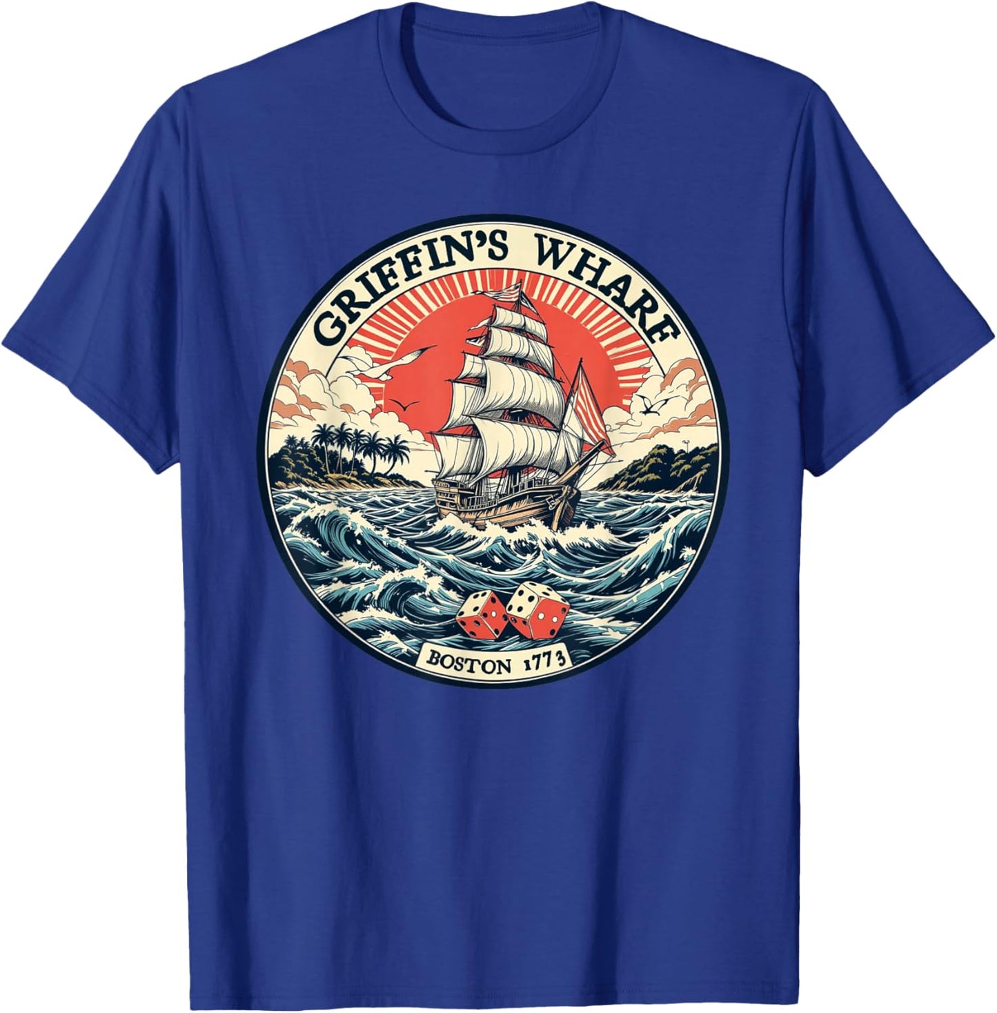 Griffin's Wharf 1773 – Boston Ship & Dice Logo Design T-Shirt - T-Shirt | Royal