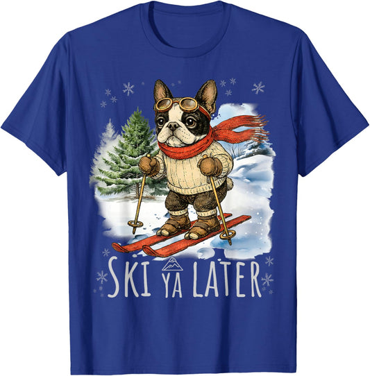 Boston Terrier Ski Bostie Snow Skiing Winter Spring Break T-Shirt - T-Shirt | Royal
