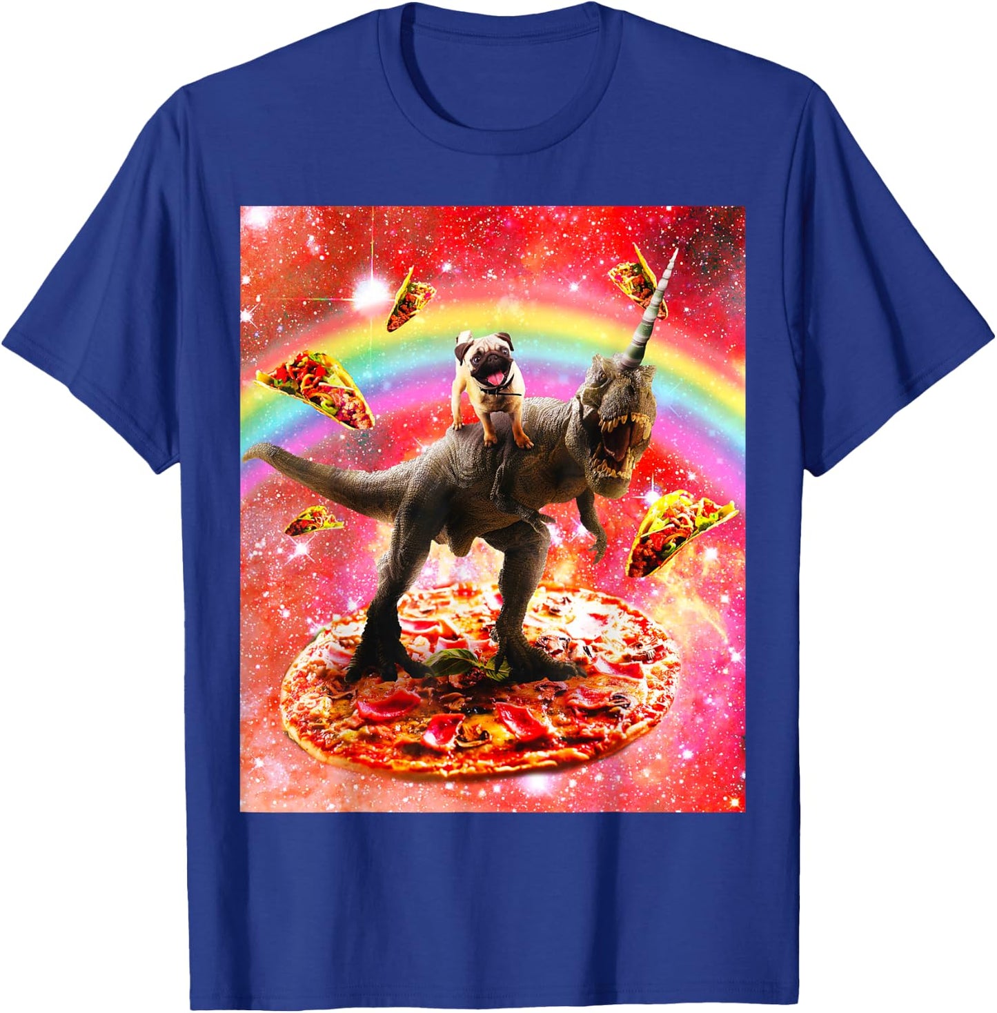 Space Pug Riding Dinosaur Unicorn - Pizza & Taco T-Shirt - T-Shirt | Royal