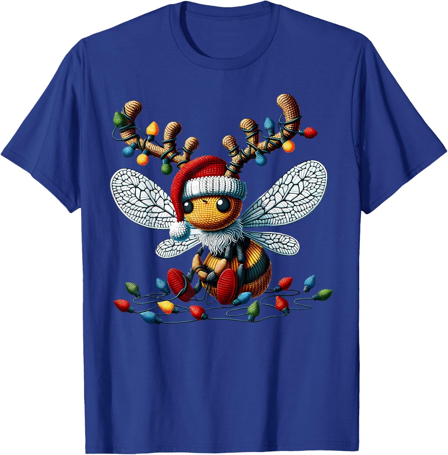Cute Crochet Bee Christmas Light Santa Hat Reindeer Bee T-Shirt - T-Shirt | Royal
