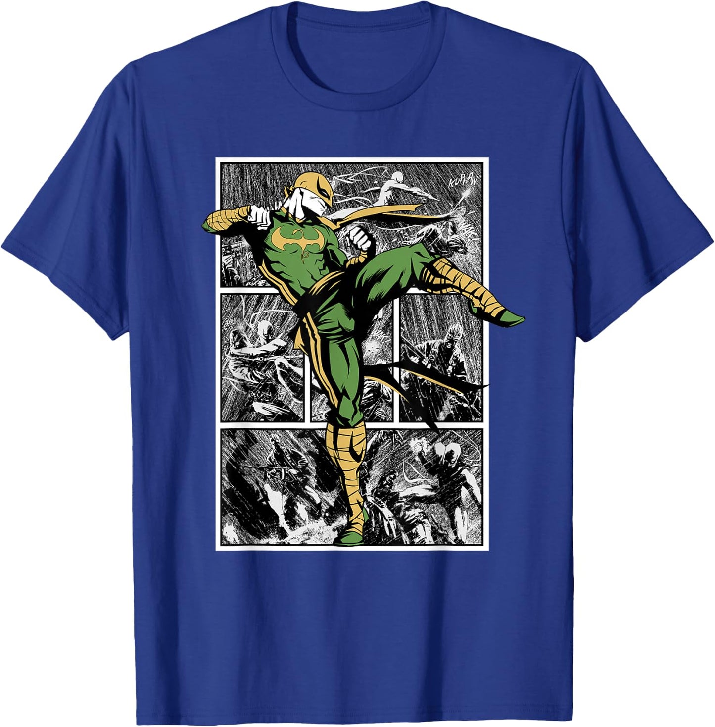 Marvel Comics Retro Classic Iron Fist Rain Battle Panels T-Shirt - T-Shirt | Royal