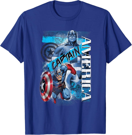 Marvel Avengers Vintage Captain America Logo Collage T-Shirt - T-Shirt | Royal