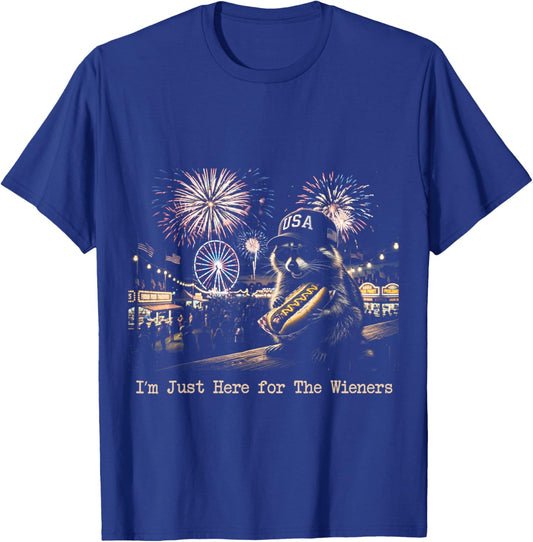 4Th of July Raccoon Funny Just Here for The Wieners Hotdog T-Shirt - T-Shirt | Royal