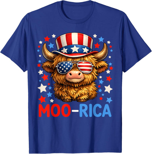 Patriotic Highland Cow Moo-rica July 4th Independence Day T-Shirt - T-Shirt | Royal