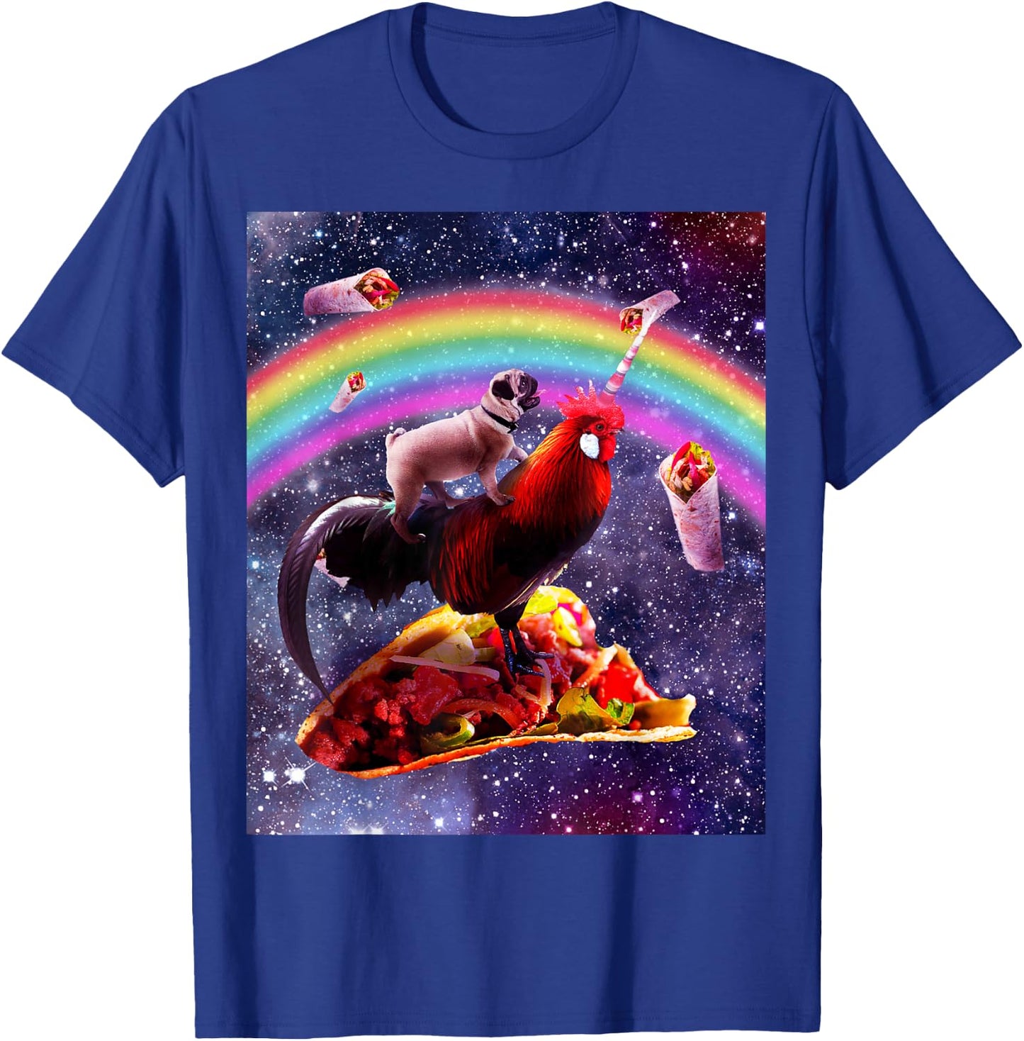 Space Pug Riding Chicken Unicorn - Taco & Burrito T-Shirt - T-Shirt | Royal