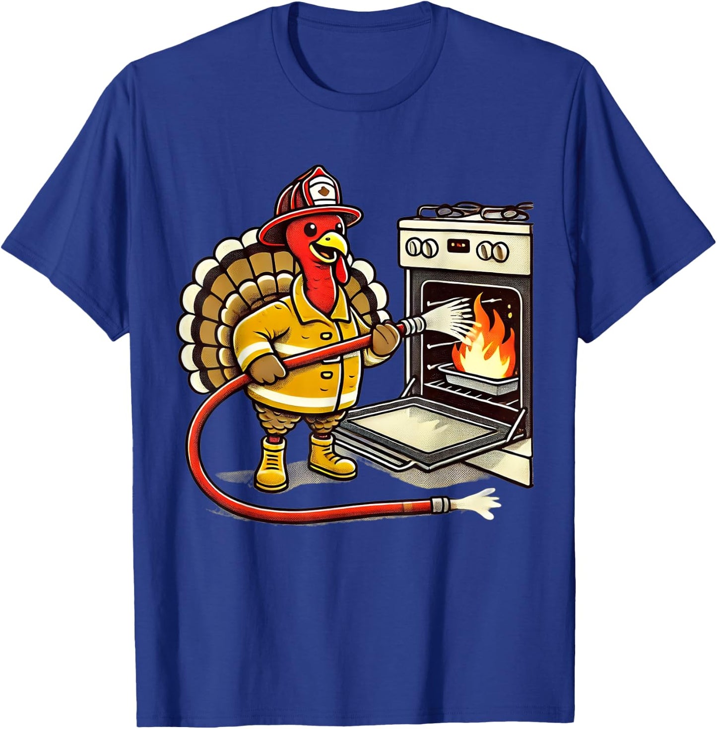 Firefighter Turkey Funny Thanksgiving Animal Oven Fire Hose T-Shirt - T-Shirt | Royal