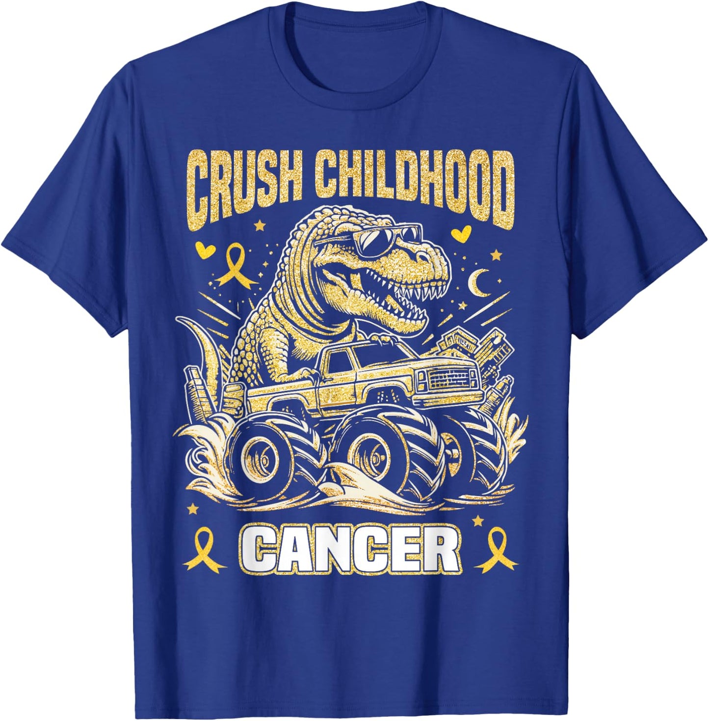 Crush Childhood Cancer Awareness Monster Truck Dinosaur T-Shirt - T-Shirt | Royal