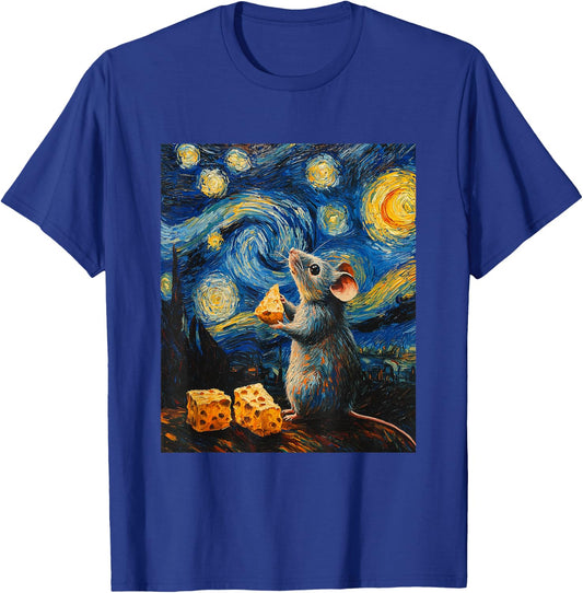 Cute Mouse Rat - Van Gogh Style - Starry Night Graphic T-Shirt - T-Shirt | Royal