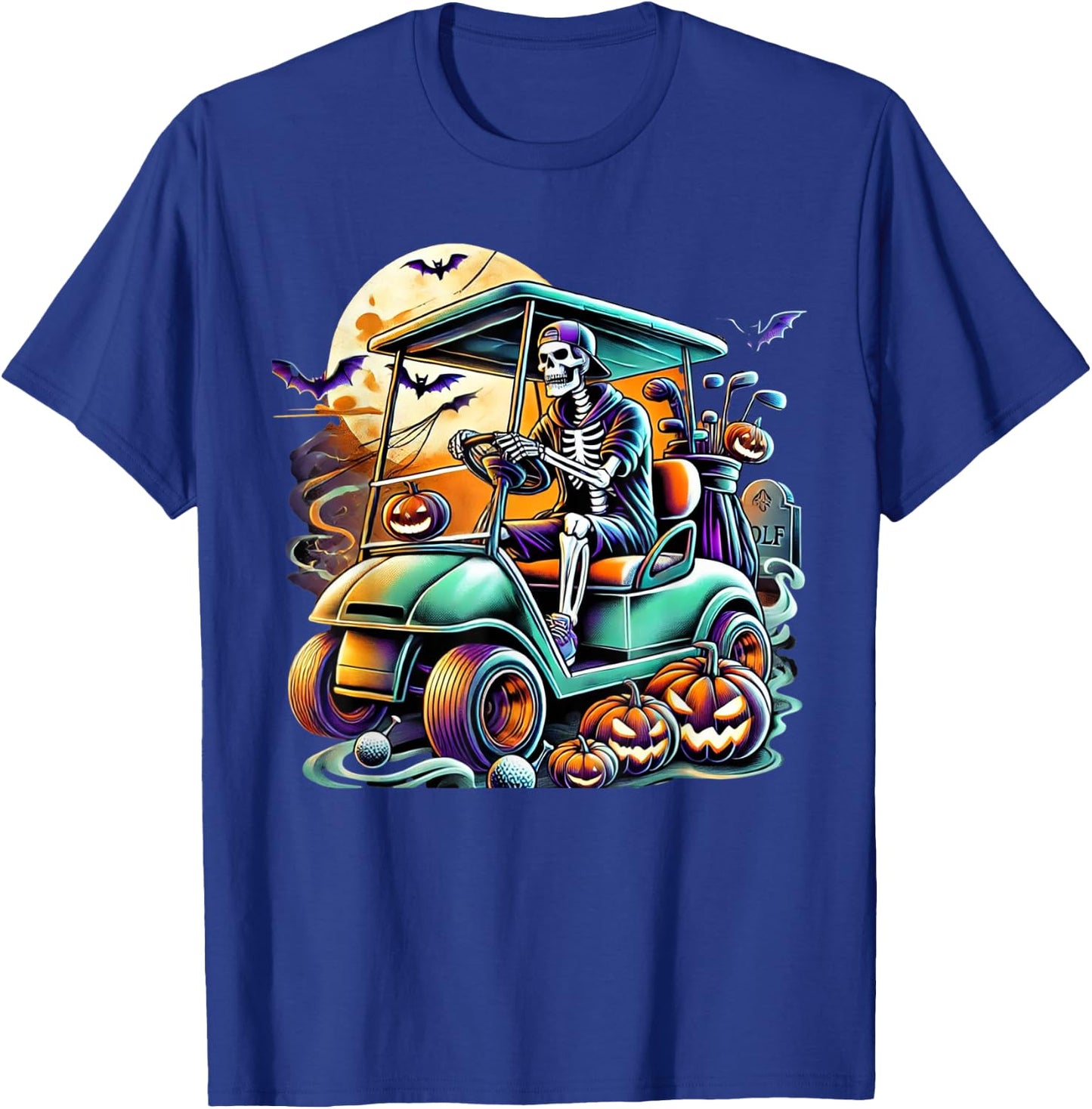 Funny Vintage Halloween Skeleton Golf Cart Golfer Men Women T-Shirt - T-Shirt | Royal