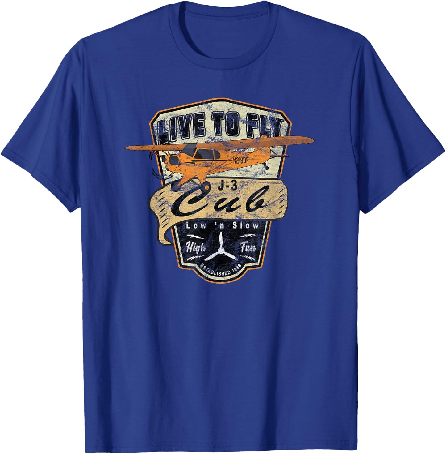 J-3 Cub Airplane "Live to Fly" Vintage Pilot T-Shirt - T-Shirt | Royal