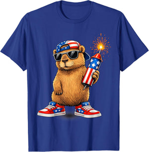 Patriotic Capybara Fireworks USA Flag Funny 4th of July T-Shirt - T-Shirt | Royal