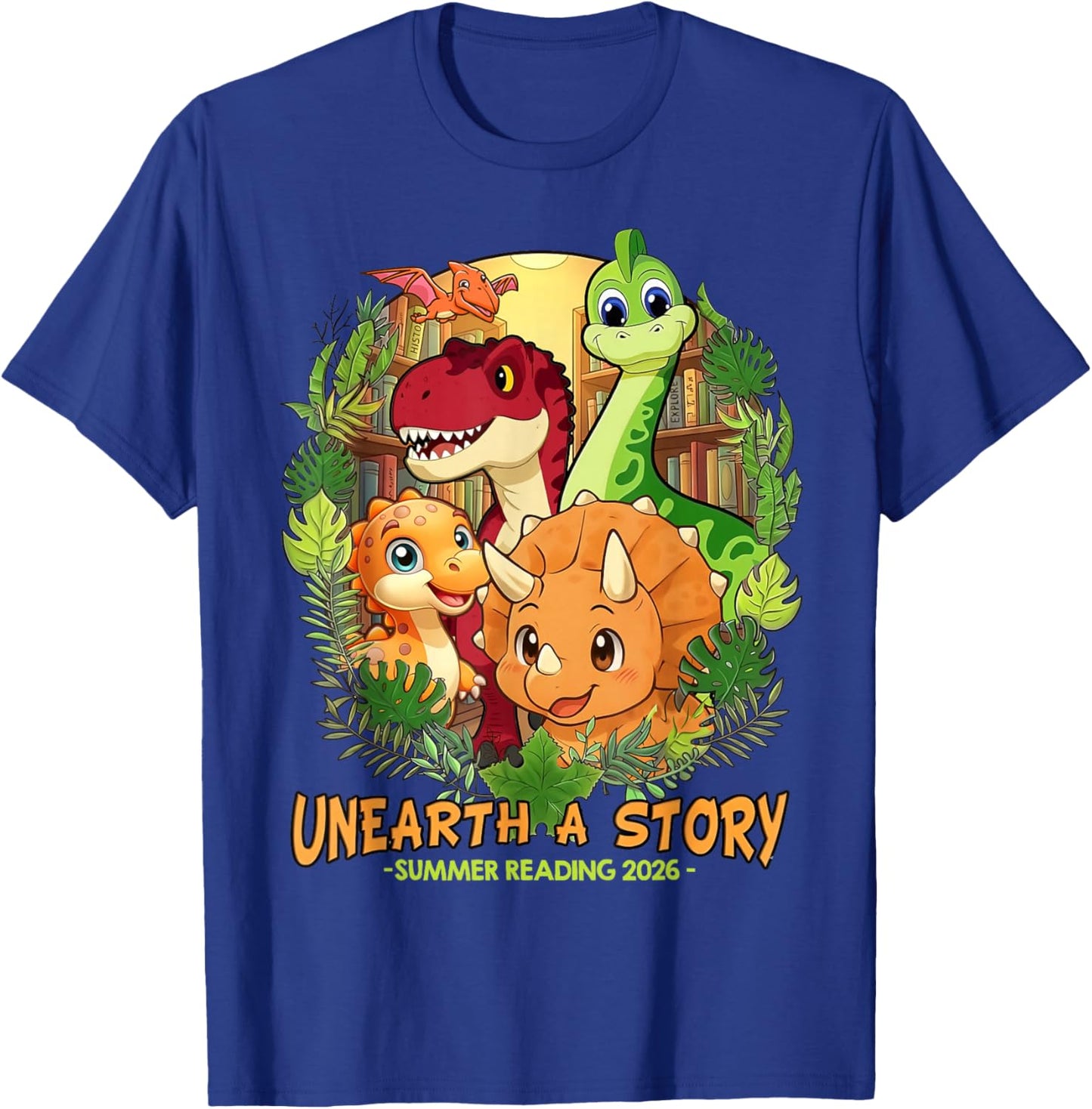 Kids Unearth a Story Summer Reading 2026 Dinosaur Men Women T-Shirt - T-Shirt | Royal