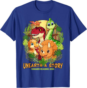 Kids Unearth a Story Summer Reading 2026 Dinosaur Men Women T-Shirt - T-Shirt | Royal