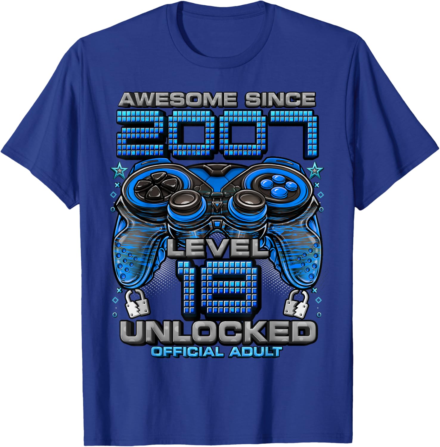 Level 18 Unlocked Awesome Since 2007 18th Birthday Gaming T-Shirt - T-Shirt | Royal