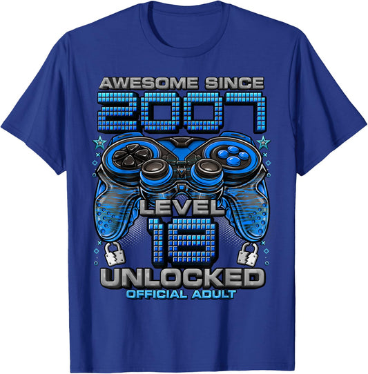 Level 18 Unlocked Awesome Since 2007 18th Birthday Gaming T-Shirt - T-Shirt | Royal