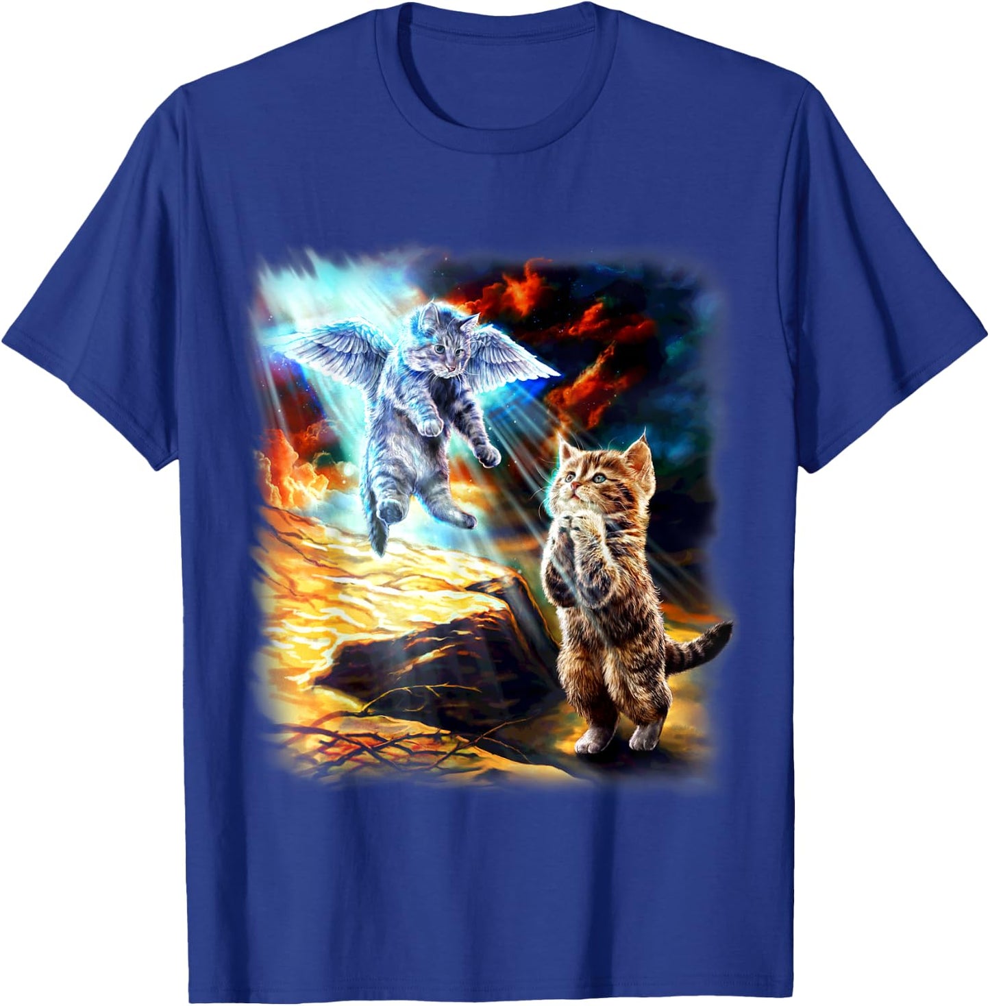 Angel Cat and Praying Companion in Fiery Sky Men Women Kids T-Shirt - T-Shirt | Royal