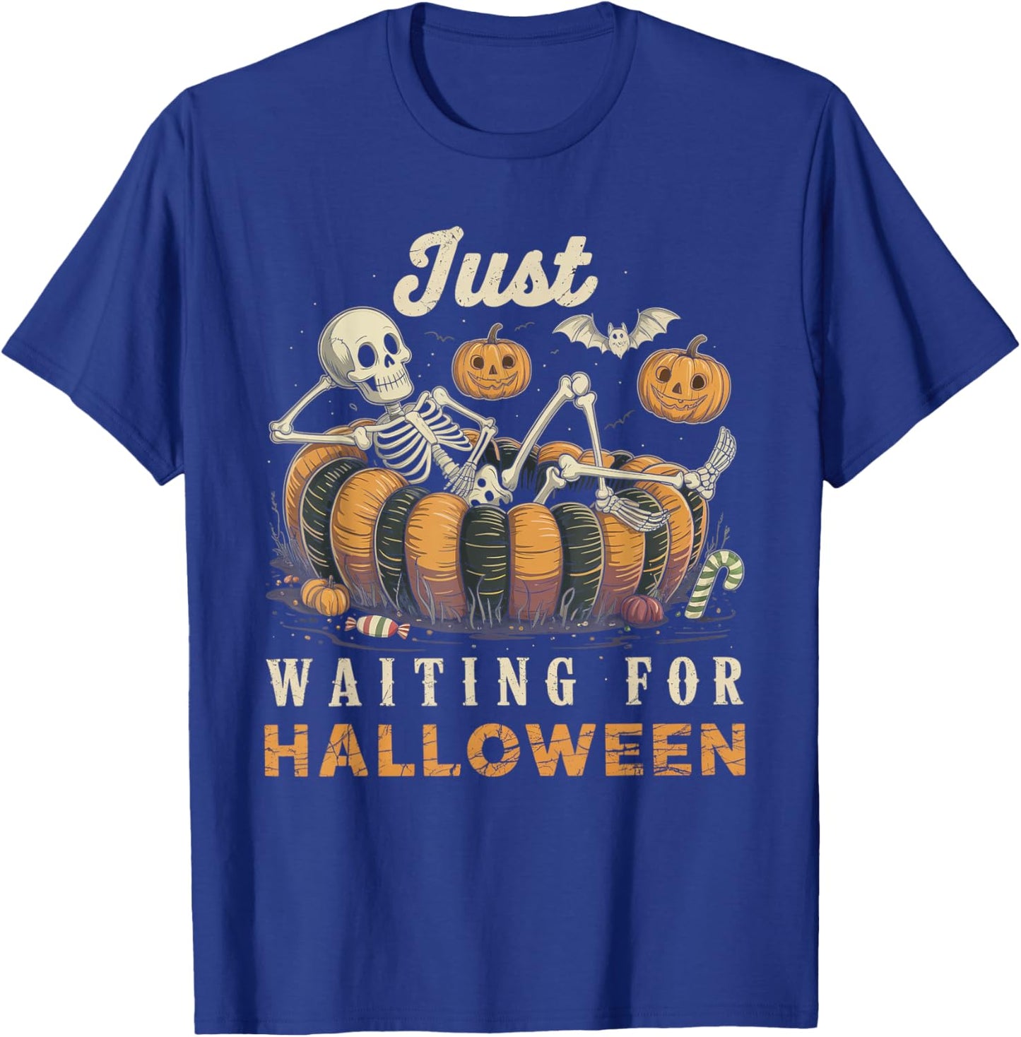 Just Waiting for Halloween Funny Skeleton Spooky Summerween T-Shirt - T-Shirt | Royal