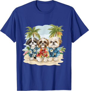 Cute Shih Tzu Dogs Hawaiian Tops Palm Trees Ocean Colorful T-Shirt - T-Shirt | Royal
