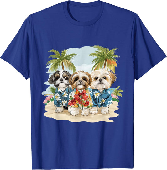 Cute Shih Tzu Dogs Hawaiian Tops Palm Trees Ocean Colorful T-Shirt - T-Shirt | Royal