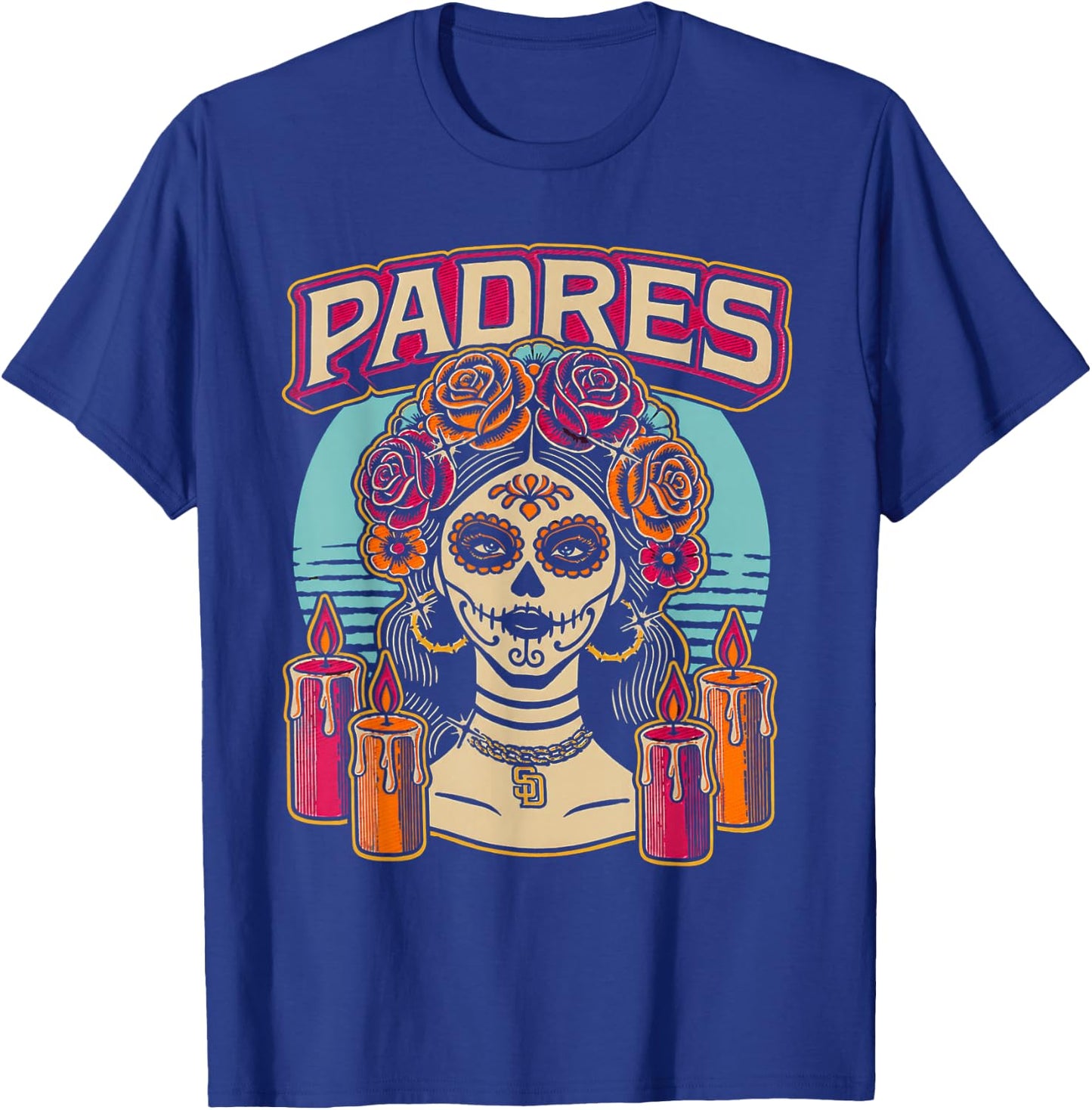 Vintage Padres Sugar Skull Catrina Roses Baseball Fan T-Shirt - T-Shirt | Royal