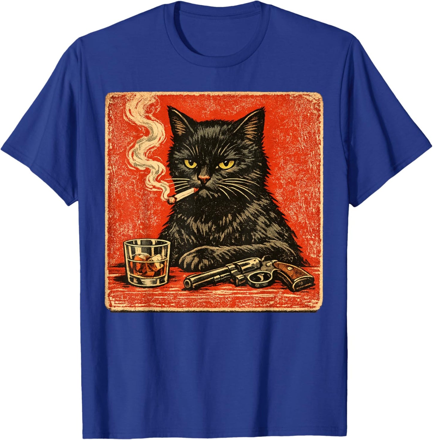 Black cat Smoking Cigarette and Drinking with Gun T-Shirt - T-Shirt | Royal
