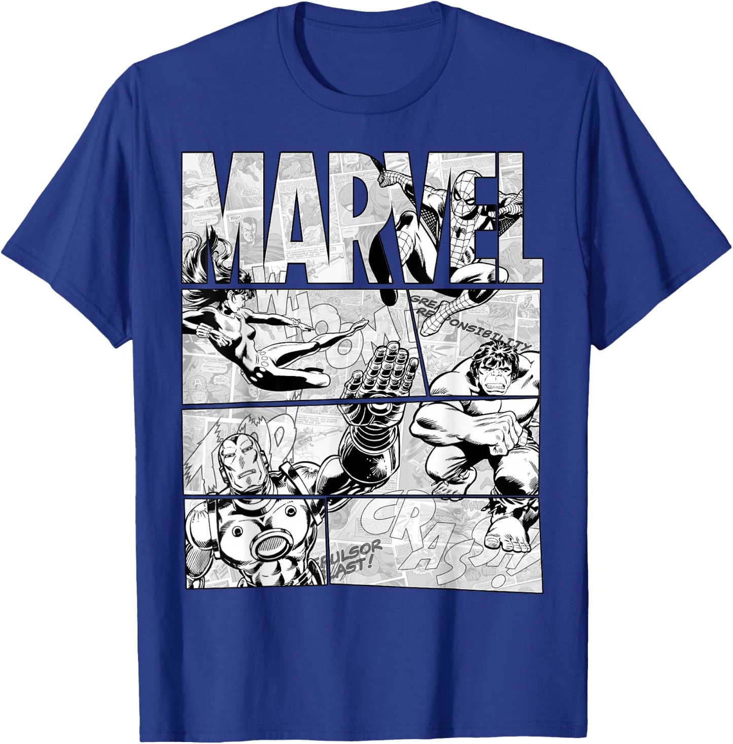 Marvel Avengers Retro Black and White Comic Graphic Short Sleeve T-Shirt - T-Shirt | Royal