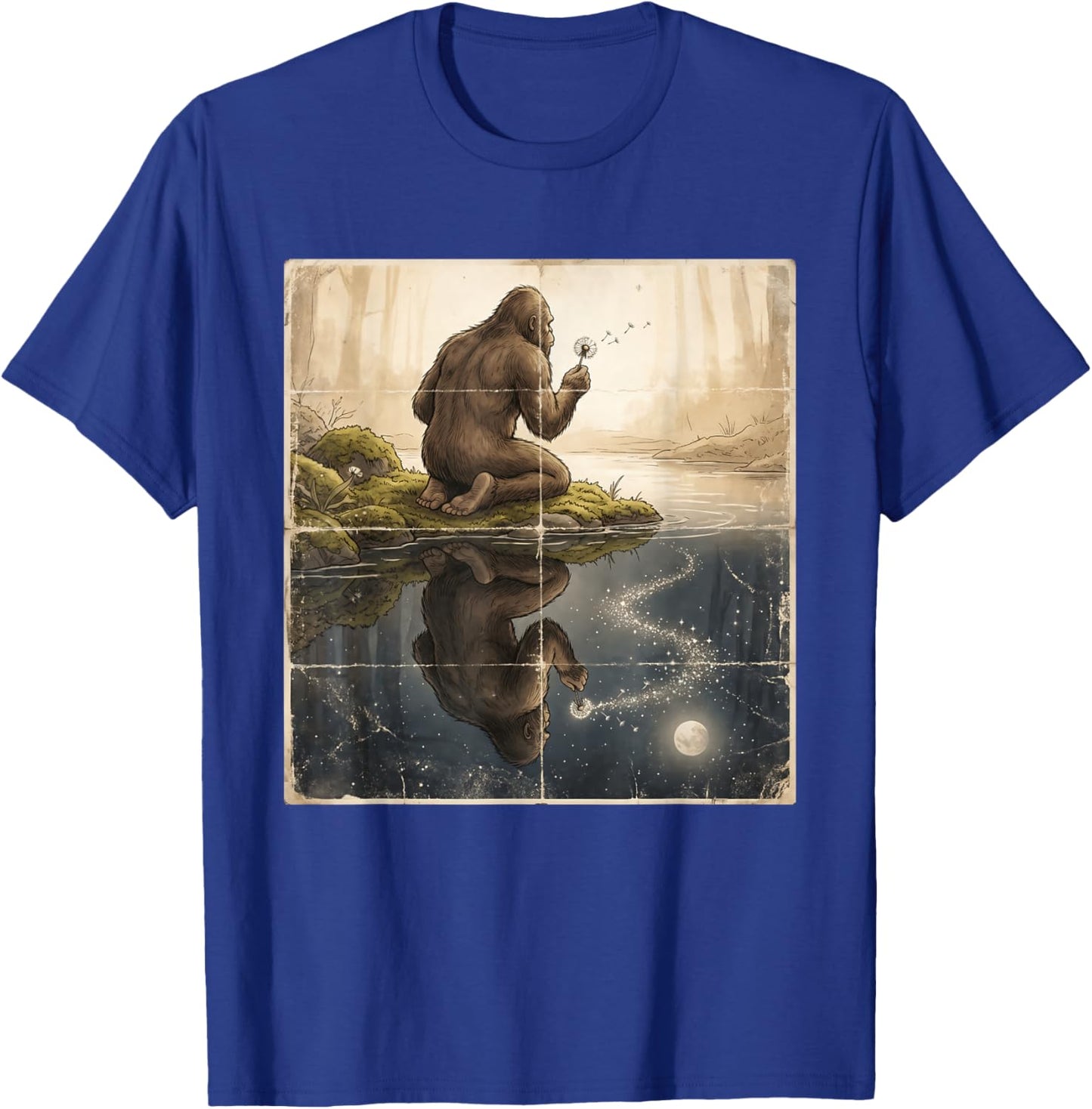 Bigfoot Blowing Dandelion Vintage Sasquatch Yeti T-Shirt - T-Shirt | Royal