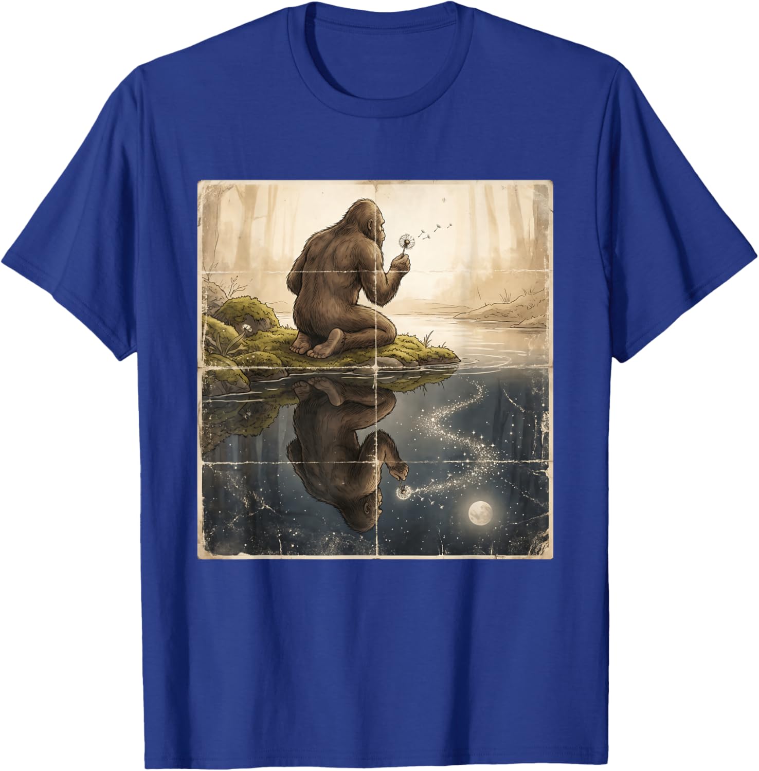 Bigfoot Blowing Dandelion Vintage Sasquatch Yeti T-Shirt - T-Shirt | Royal