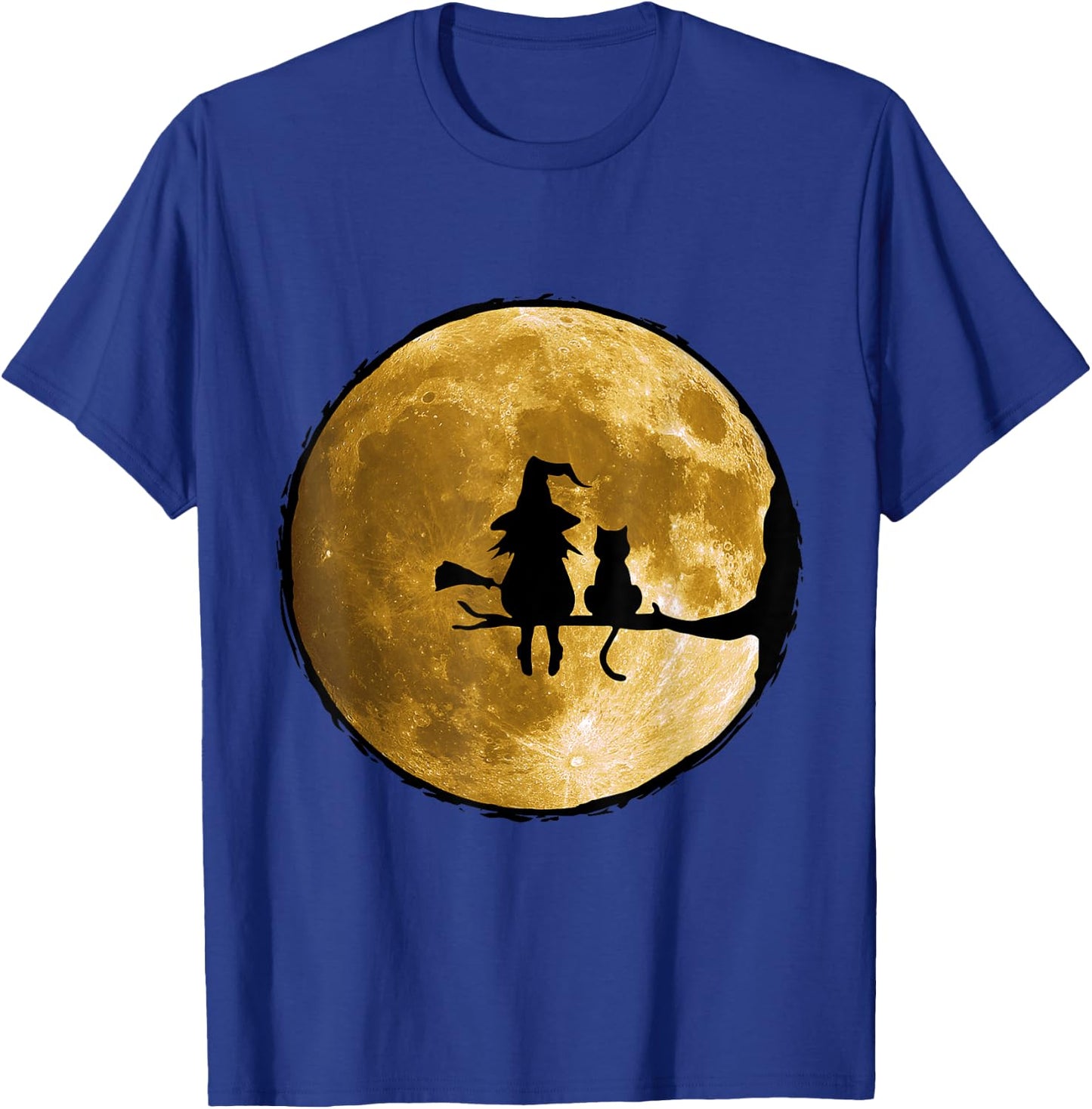 Witch And Cat Sitting On An Old Tree Staring At The Moon. Men Women Kids T-Shirt - T-Shirt | Royal