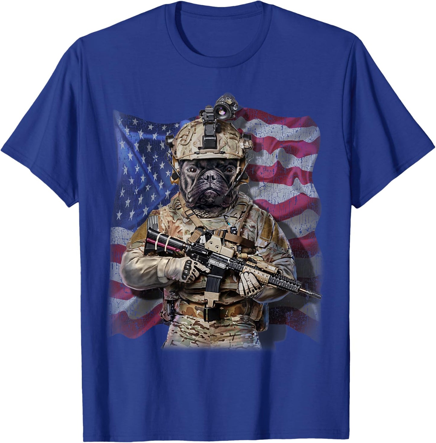 USA America Patriot French Bull Dog as Army Commando T-Shirt - T-Shirt | Royal