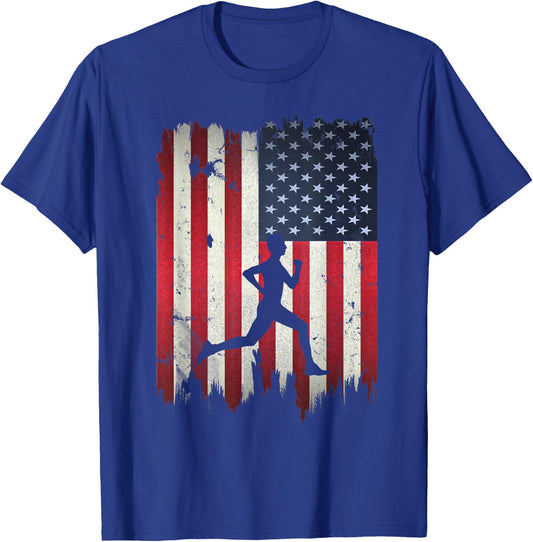 Runner Running USA American Flag 4th of July T-Shirt - T-Shirt | Royal