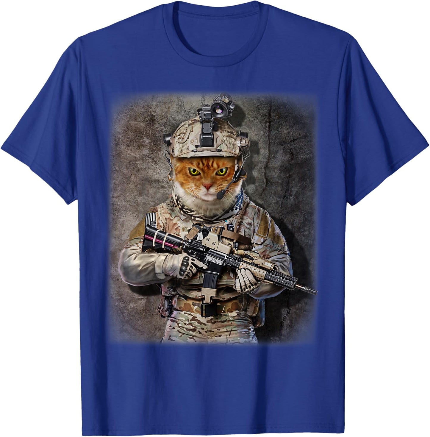 Tabby Cat as Army Commando in Full Tactical Gear T-Shirt - T-Shirt | Royal
