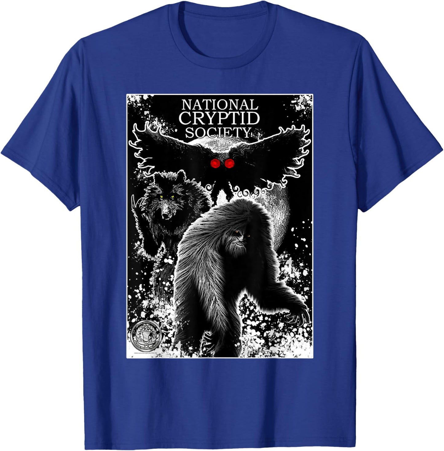 Bigfoot Dogman Mothman National Cryptid Society Poster Art T-Shirt - T-Shirt | Royal