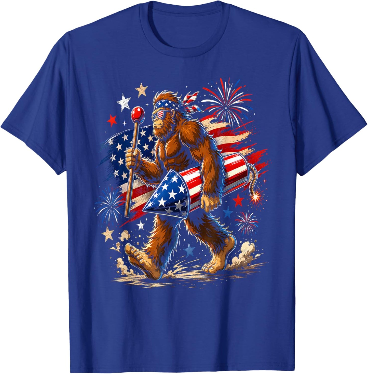 Bigfoot Fireworks 4th of July Men Sasquatch American Flag T-Shirt - T-Shirt | Royal