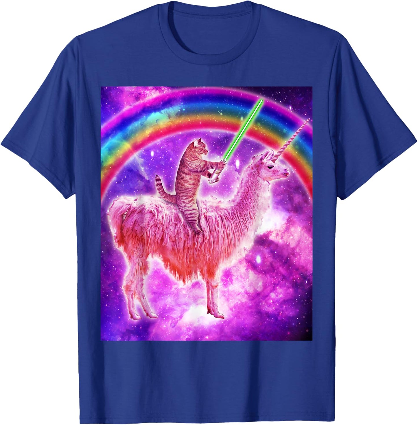 Kitty Cat Riding Llama Unicorn Rainbow In Space Cat Lover Men Women Girls Kids T-Shirt - T-Shirt | Royal