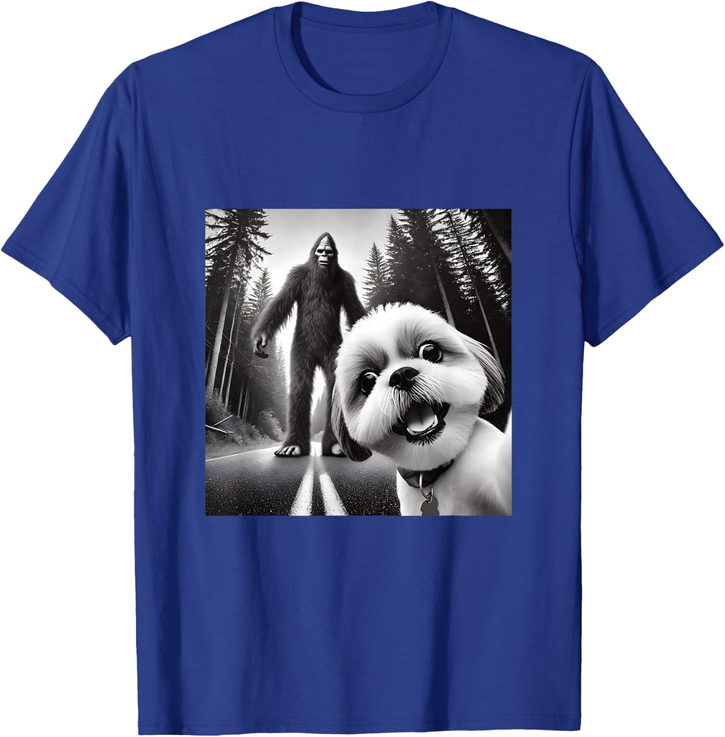 Shih tzu and Bigfoot Adventure in Forest T-Shirt - T-Shirt | Royal