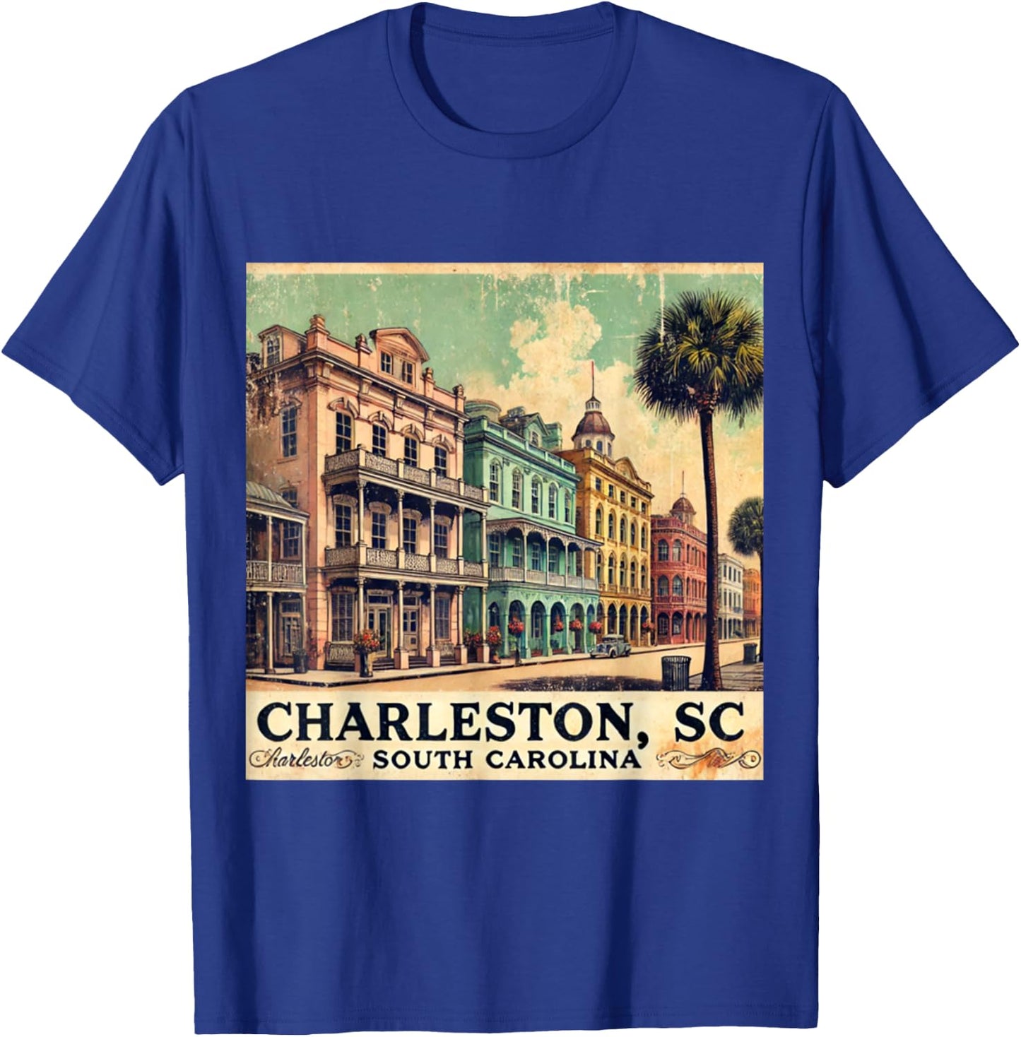 Charleston SC Vintage Postcard Rainbow Row T-Shirt - T-Shirt | Royal
