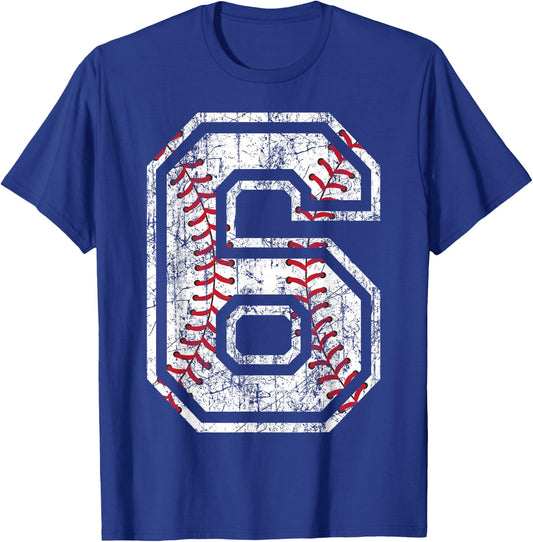 Baseball Jersey Number 6 Vintage Distressed 6th Birthday T-Shirt - T-Shirt | Royal